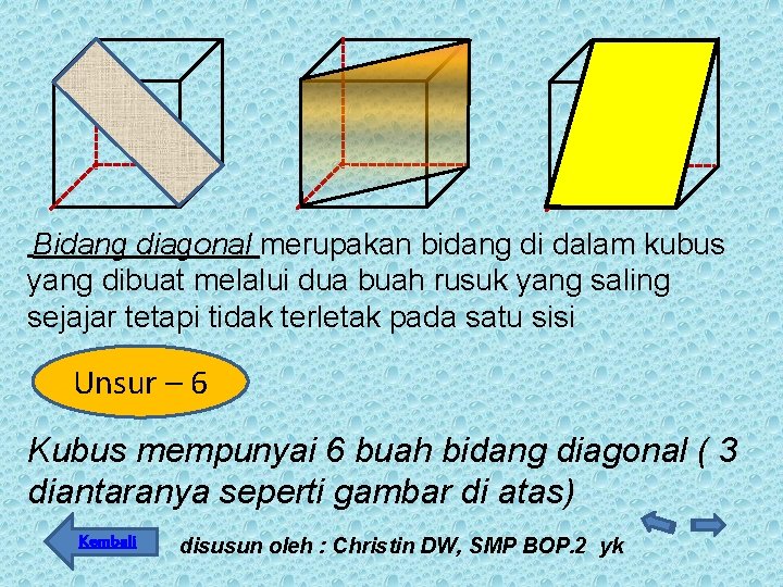 Bidang diagonal merupakan bidang di dalam kubus yang dibuat melalui dua buah rusuk yang