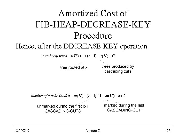 Amortized Cost of FIB-HEAP-DECREASE-KEY Procedure Hence, after the DECREASE-KEY operation CS XXX Lecture X