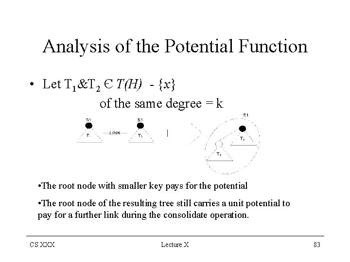 Analysis of the Potential Function • Let T 1&T 2 Є T(H) - {x}