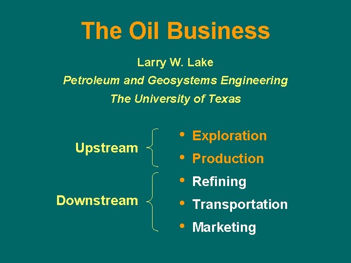 The Oil Business Larry W. Lake Petroleum and Geosystems Engineering The University of Texas