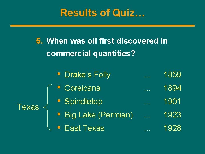 Results of Quiz… 5. When was oil first discovered in commercial quantities? Texas •