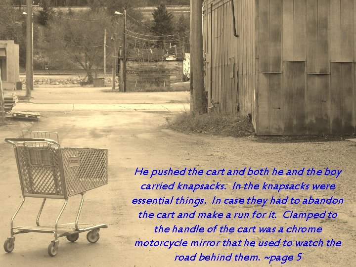 He pushed the cart and both he and the boy carried knapsacks. In the