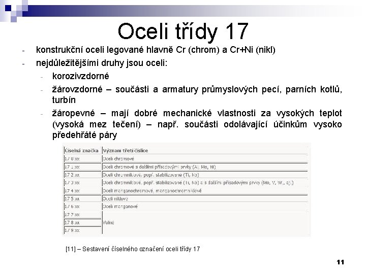 Oceli třídy 17 - konstrukční oceli legované hlavně Cr (chrom) a Cr+Ni (nikl) nejdůležitějšími