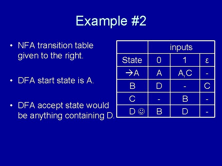 Example #2 • NFA transition table given to the right. • DFA start state