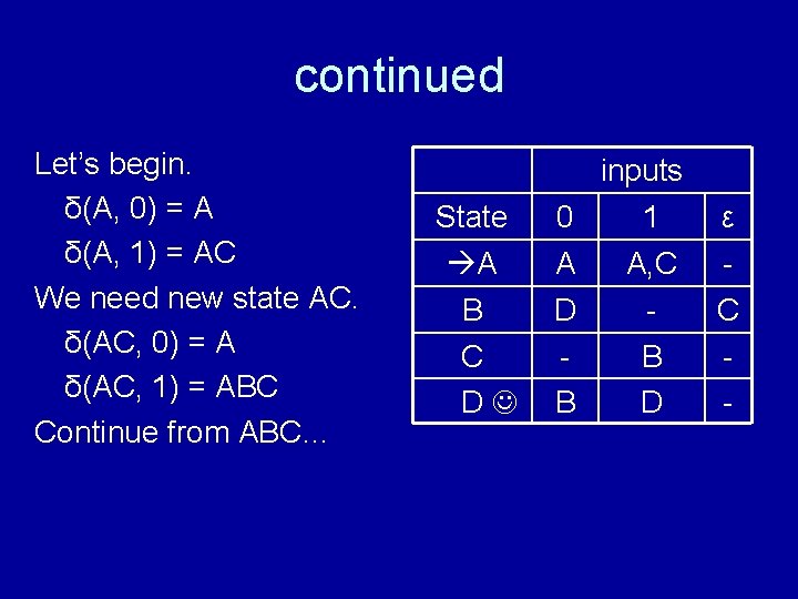 continued Let’s begin. δ(A, 0) = A δ(A, 1) = AC We need new