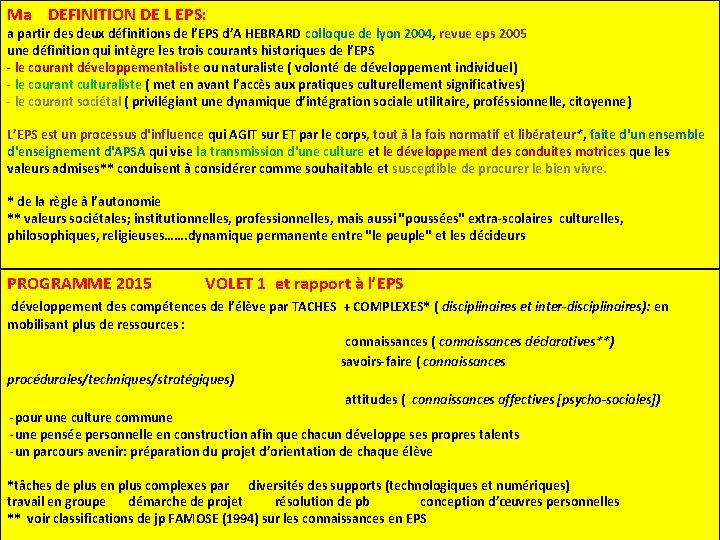 Ma DEFINITION DE L EPS: a partir des deux définitions de l’EPS d’A HEBRARD