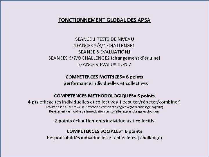FONCTIONNEMENT GLOBAL DES APSA SEANCE 1 TESTS DE NIVEAU SEANCES 2/3/4 CHALLENGE 1 SEANCE
