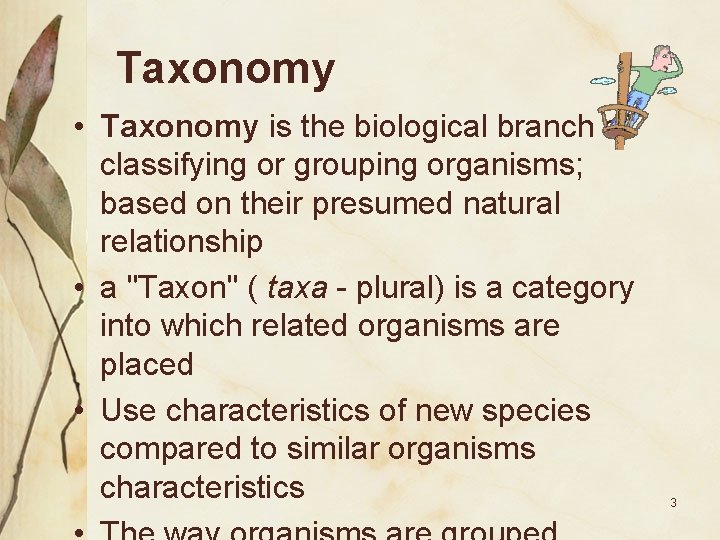 Taxonomy • Taxonomy is the biological branch of classifying or grouping organisms; based on