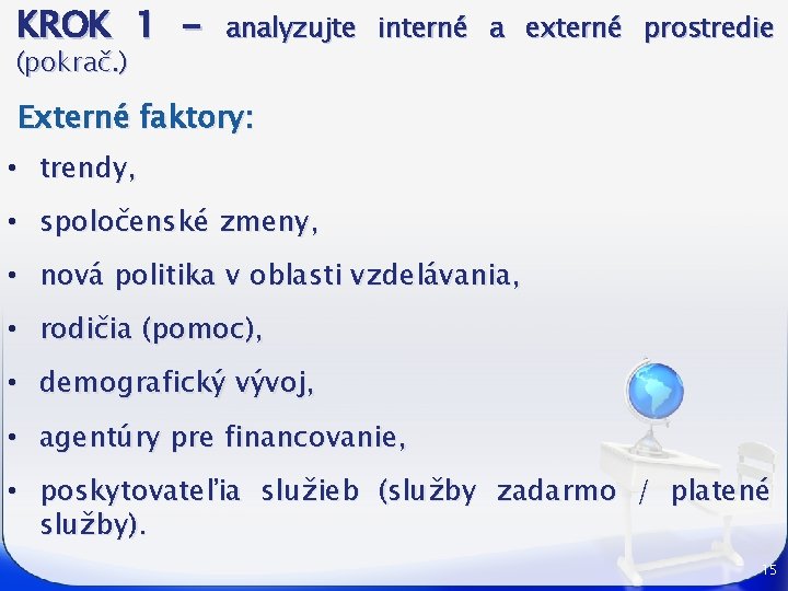 KROK 1 (pokrač. ) analyzujte interné a externé prostredie Externé faktory: • trendy, •