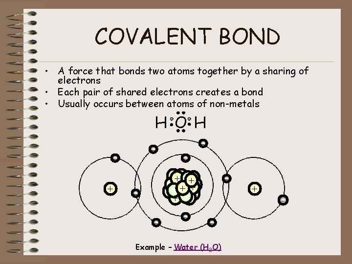 COVALENT BOND • A force that bonds two atoms together by a sharing of