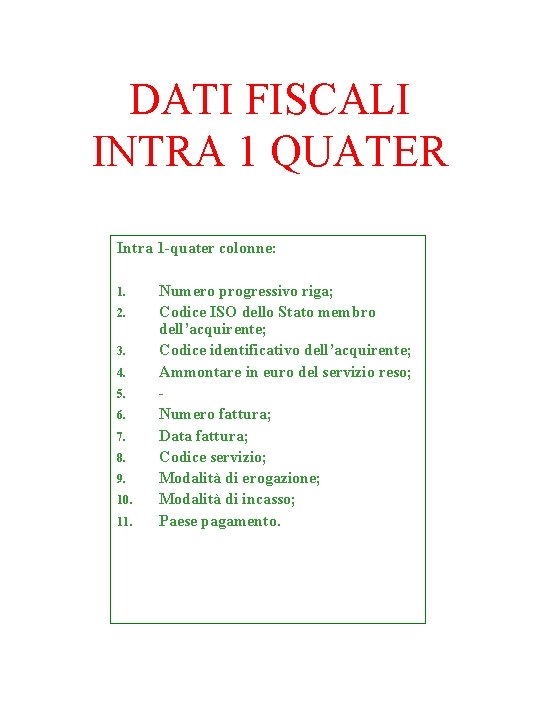DATI FISCALI INTRA 1 QUATER Intra 1 -quater colonne: 1. 2. 3. 4. 5.
