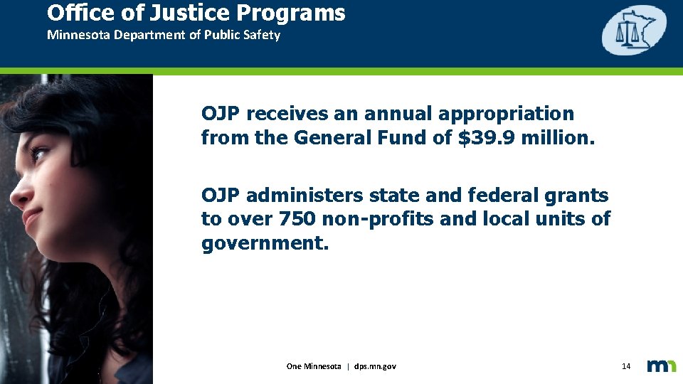 Office of Justice Programs Minnesota Department of Public Safety OJP receives an annual appropriation