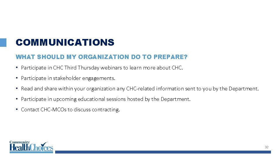 COMMUNICATIONS WHAT SHOULD MY ORGANIZATION DO TO PREPARE? • Participate in CHC Third Thursday