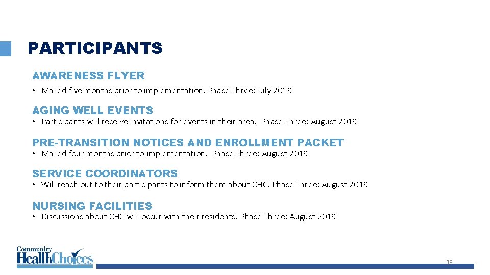 PARTICIPANTS AWARENESS FLYER • Mailed five months prior to implementation. Phase Three: July 2019