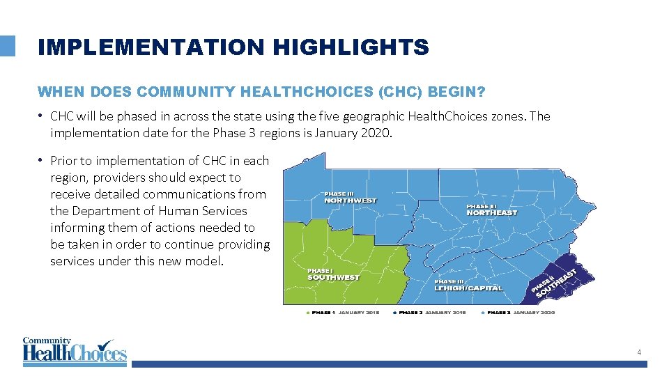 IMPLEMENTATION HIGHLIGHTS WHEN DOES COMMUNITY HEALTHCHOICES (CHC) BEGIN? • CHC will be phased in