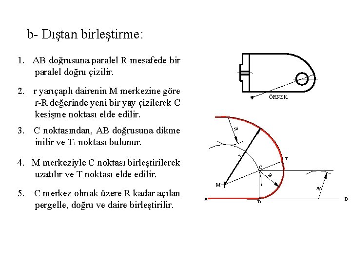 b- Dıştan birleştirme: 1. AB doğrusuna paralel R mesafede bir paralel doğru çizilir. 2.