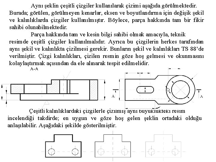 Aynı şeklin çeşitli çizgiler kullanılarak çizimi aşağıda görülmektedir. Burada; görülen, görülmeyen kenarlar, eksen ve