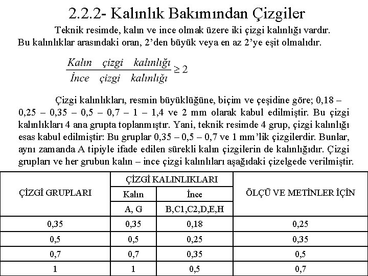 2. 2. 2 - Kalınlık Bakımından Çizgiler Teknik resimde, kalın ve ince olmak üzere