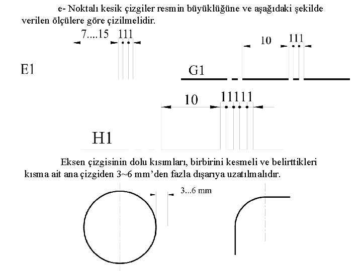 e- Noktalı kesik çizgiler resmin büyüklüğüne ve aşağıdaki şekilde verilen ölçülere göre çizilmelidir. Eksen