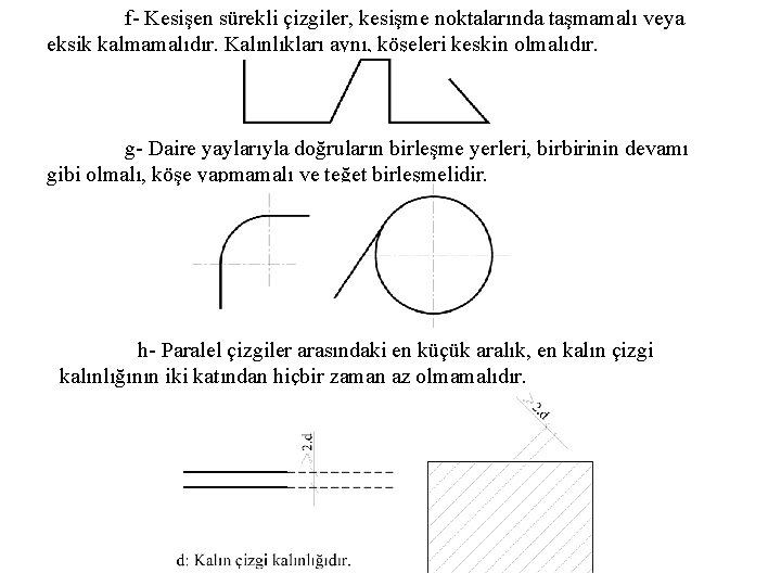 f- Kesişen sürekli çizgiler, kesişme noktalarında taşmamalı veya eksik kalmamalıdır. Kalınlıkları aynı, köşeleri keskin