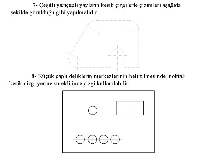 7 - Çeşitli yarıçaplı yayların kesik çizgilerle çizimleri aşağıda şekilde görüldüğü gibi yapılmalıdır. 8