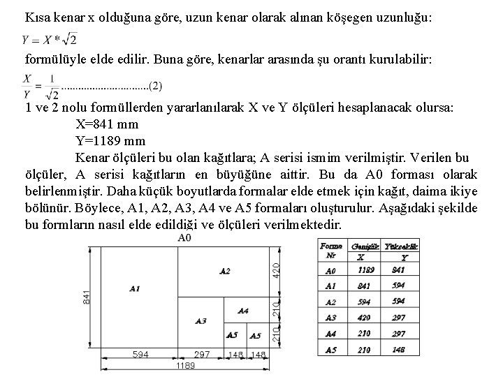 Kısa kenar x olduğuna göre, uzun kenar olarak alınan köşegen uzunluğu: formülüyle elde edilir.