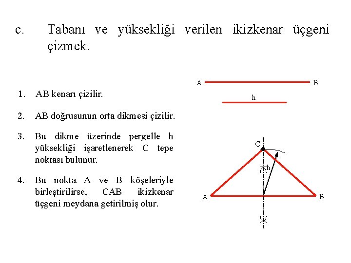 c. Tabanı ve yüksekliği verilen ikizkenar üçgeni çizmek. A 1. AB kenarı çizilir. 2.