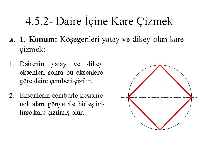 4. 5. 2 - Daire İçine Kare Çizmek a. 1. Konum: Köşegenleri yatay ve