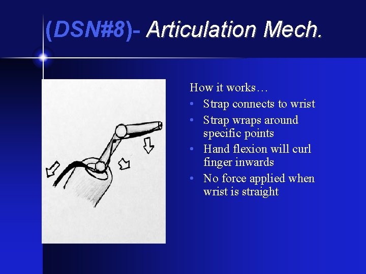 (DSN#8)- Articulation Mech. How it works… • Strap connects to wrist • Strap wraps