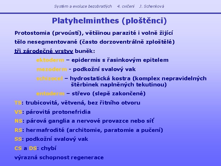 Systém a evoluce bezobratlých 4. cvičení J. Schenková Platyhelminthes (ploštěnci) Protostomia (prvoústí), většinou parazité
