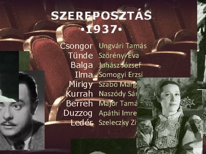 SZEREPOSZTÁS • 1937 • Csongor Tünde Balga Ilma Mirigy Kurrah Berreh Duzzog Ledér Ungvári SZEREPOSZTÁS • 1937 • Csongor Tünde Balga Ilma Mirigy Kurrah Berreh Duzzog Ledér Ungvári