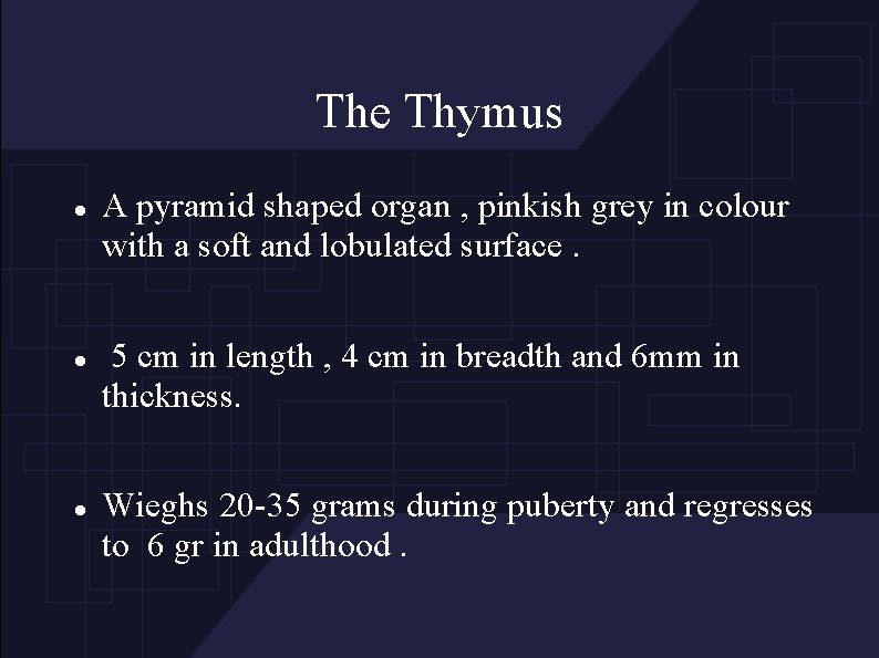The Thymus A pyramid shaped organ , pinkish grey in colour with a soft