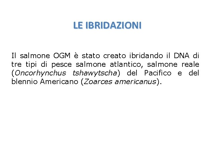 LE IBRIDAZIONI Il salmone OGM è stato creato ibridando il DNA di tre tipi
