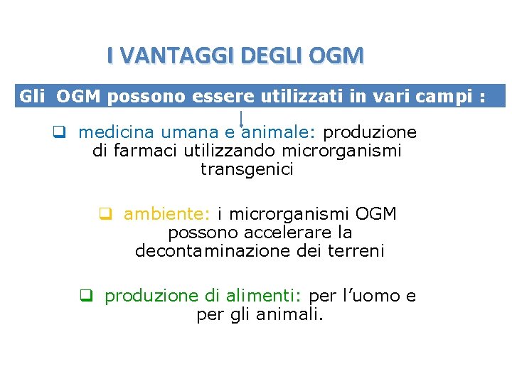 I VANTAGGI DEGLI OGM Gli OGM possono essere utilizzati in vari campi : q