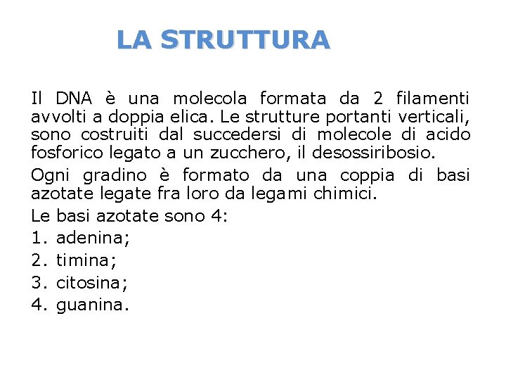 LA STRUTTURA Il DNA è una molecola formata da 2 filamenti avvolti a doppia