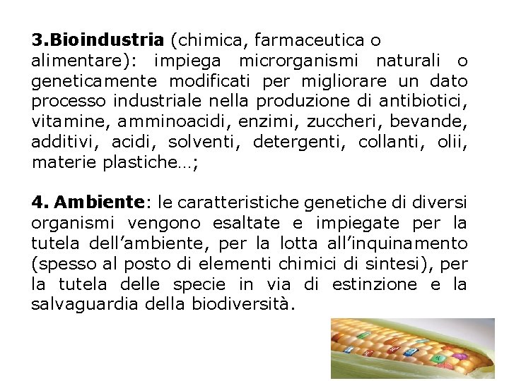 3. Bioindustria (chimica, farmaceutica o alimentare): impiega microrganismi naturali o geneticamente modificati per migliorare