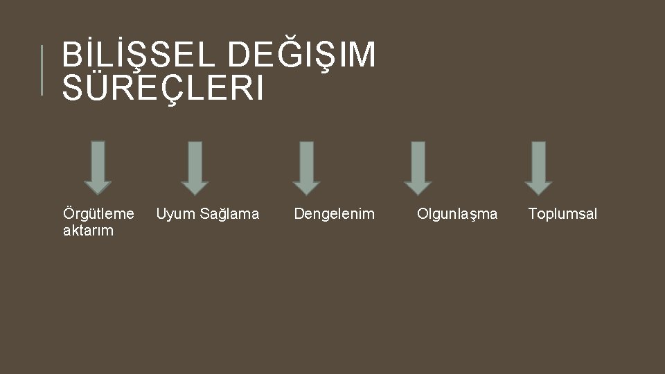 BİLİŞSEL DEĞIŞIM SÜREÇLERI Örgütleme Uyum Sağlama Dengelenim Olgunlaşma Toplumsal aktarım 