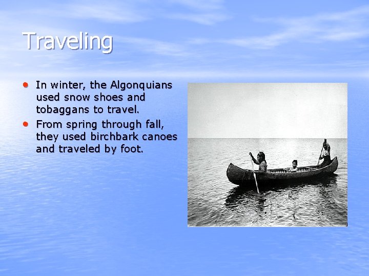 Traveling • In winter, the Algonquians • used snow shoes and tobaggans to travel.