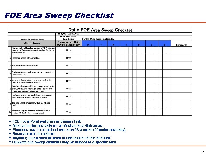 FOE Area Sweep Checklist § FOE Focal Point performs or assigns task § Must