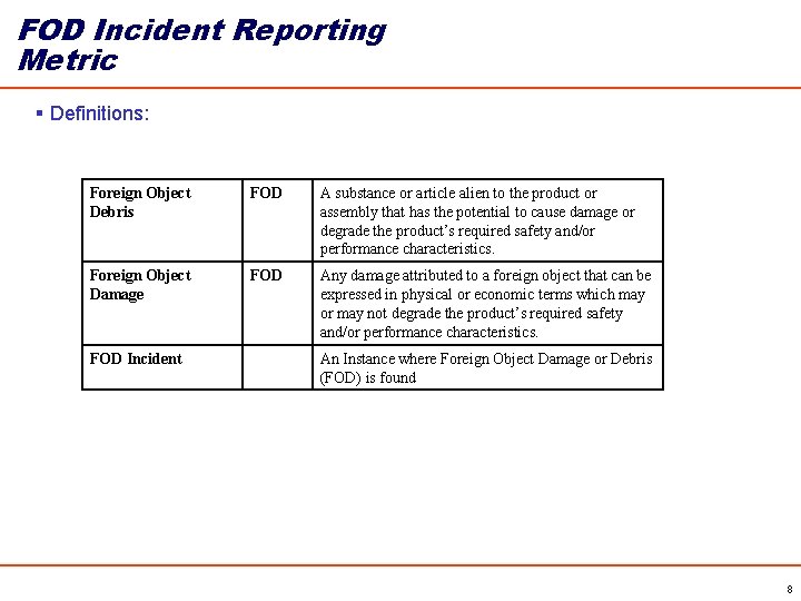 FOD Incident Reporting Metric § Definitions: Foreign Object Debris FOD A substance or article