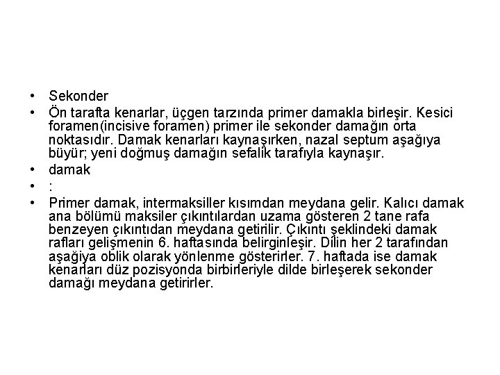  • Sekonder • Ön tarafta kenarlar, üçgen tarzında primer damakla birleşir. Kesici foramen(incisive