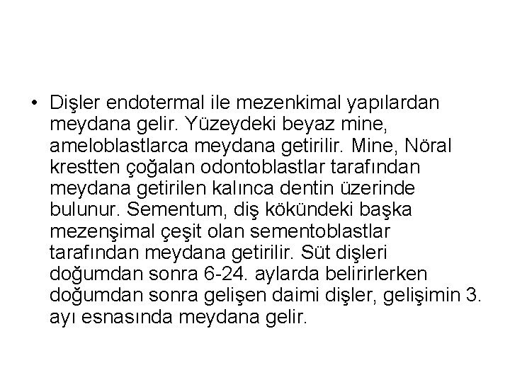  • Dişler endotermal ile mezenkimal yapılardan meydana gelir. Yüzeydeki beyaz mine, ameloblastlarca meydana
