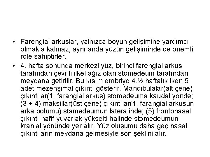  • Farengial arkuslar, yalnızca boyun gelişimine yardımcı olmakla kalmaz, aynı anda yüzün gelişiminde