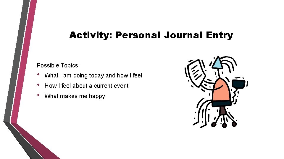 Activity: Personal Journal Entry Possible Topics: • • • What I am doing today