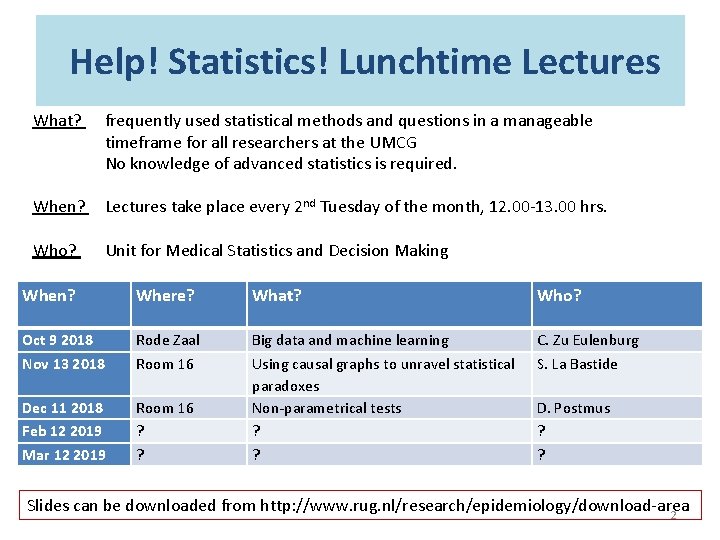 Help! Statistics! Lunchtime Lectures What? frequently used statistical methods and questions in a manageable