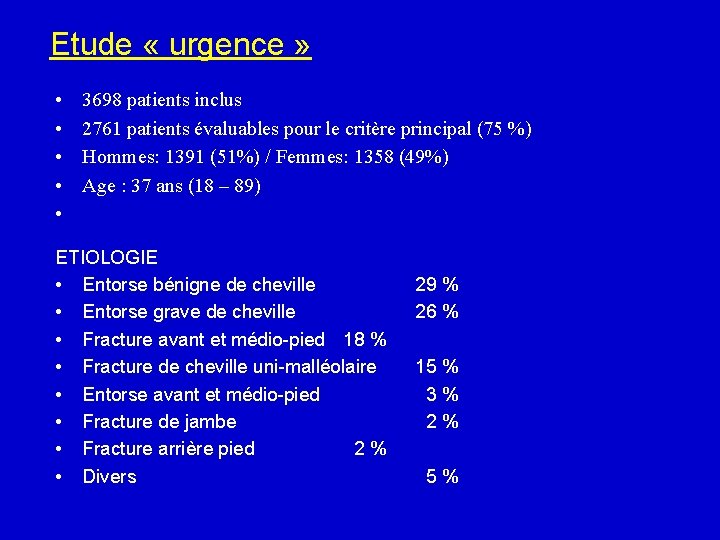 Etude « urgence » • • • 3698 patients inclus 2761 patients évaluables pour