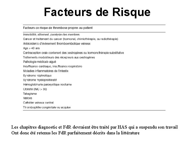 Facteurs de Risque Les chapitres diagnostic et Fd. R devraient être traité par HAS