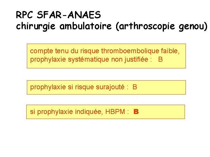 RPC SFAR-ANAES chirurgie ambulatoire (arthroscopie genou) compte tenu du risque thromboembolique faible, prophylaxie systématique