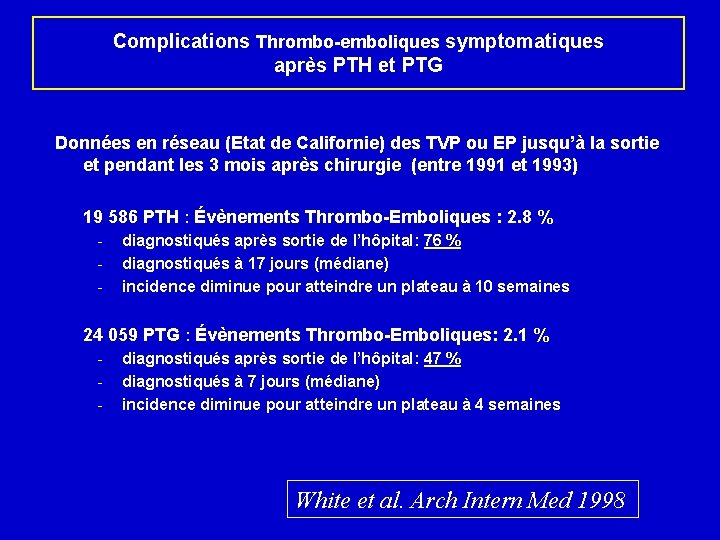 Complications Thrombo-emboliques symptomatiques après PTH et PTG Données en réseau (Etat de Californie) des
