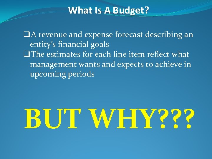 What Is A Budget? q. A revenue and expense forecast describing an entity’s financial